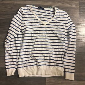 Tommy Hilfiger White and Blue Striped V-Neck Sweater